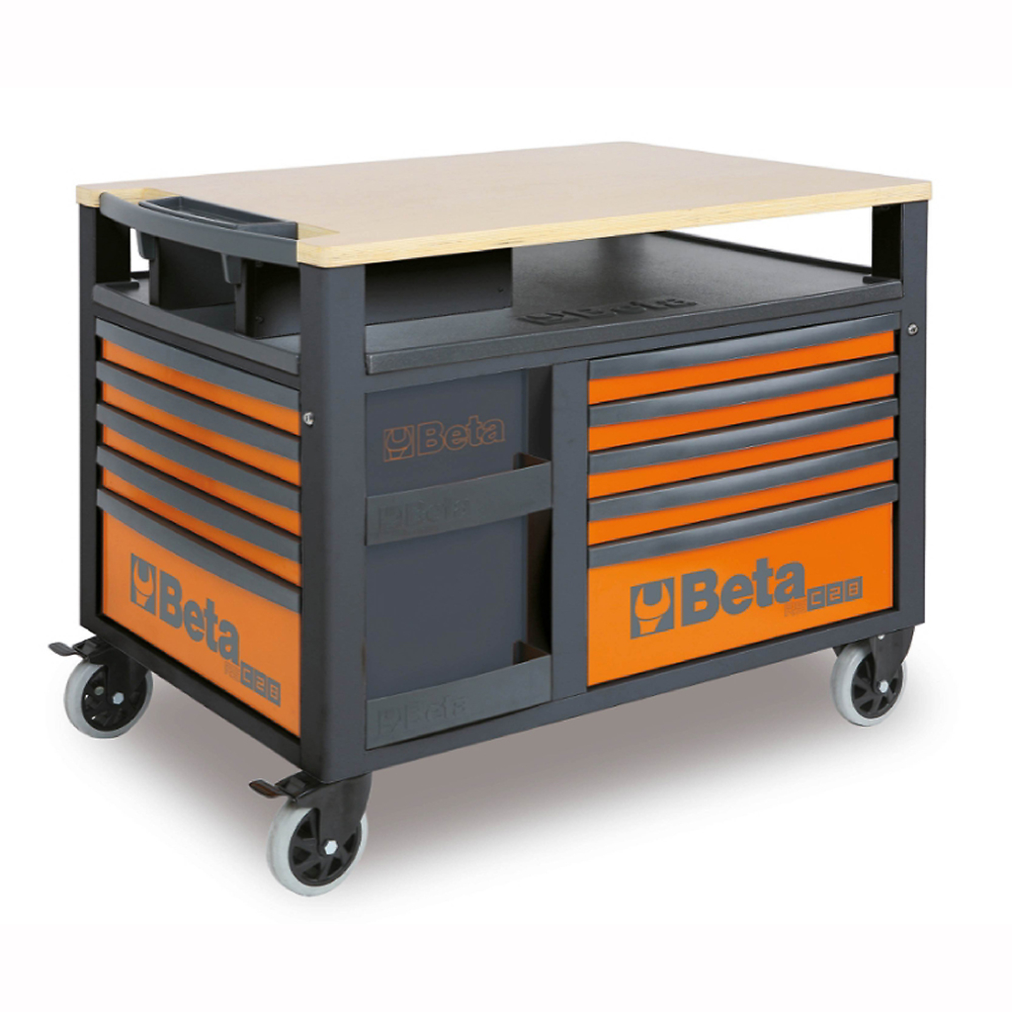 Beta, 10-Drawer Rolling Tool Chest, Wood Worktop, Width 48.63 in, Height 37.13 in, Color Orange, Model# RSC28-O